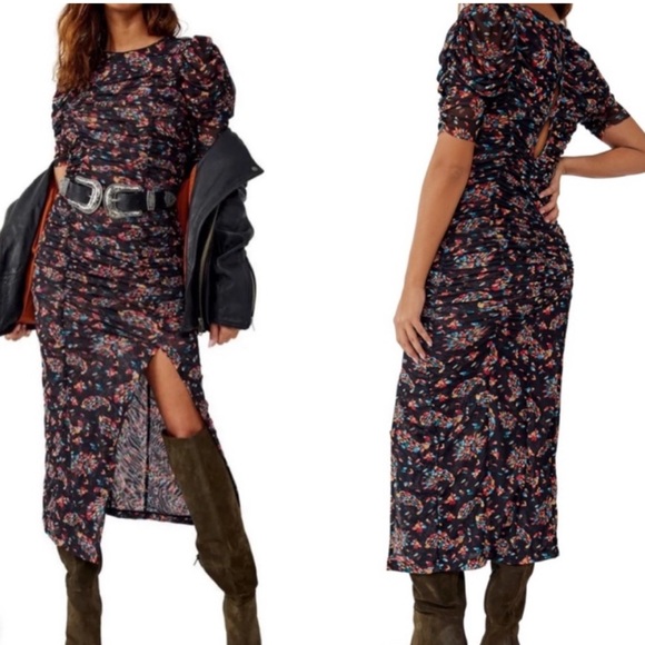 Free People Briella Twilight Combo Multi Color Ruched Slit Midi Dress Medium - Picture 16 of 16